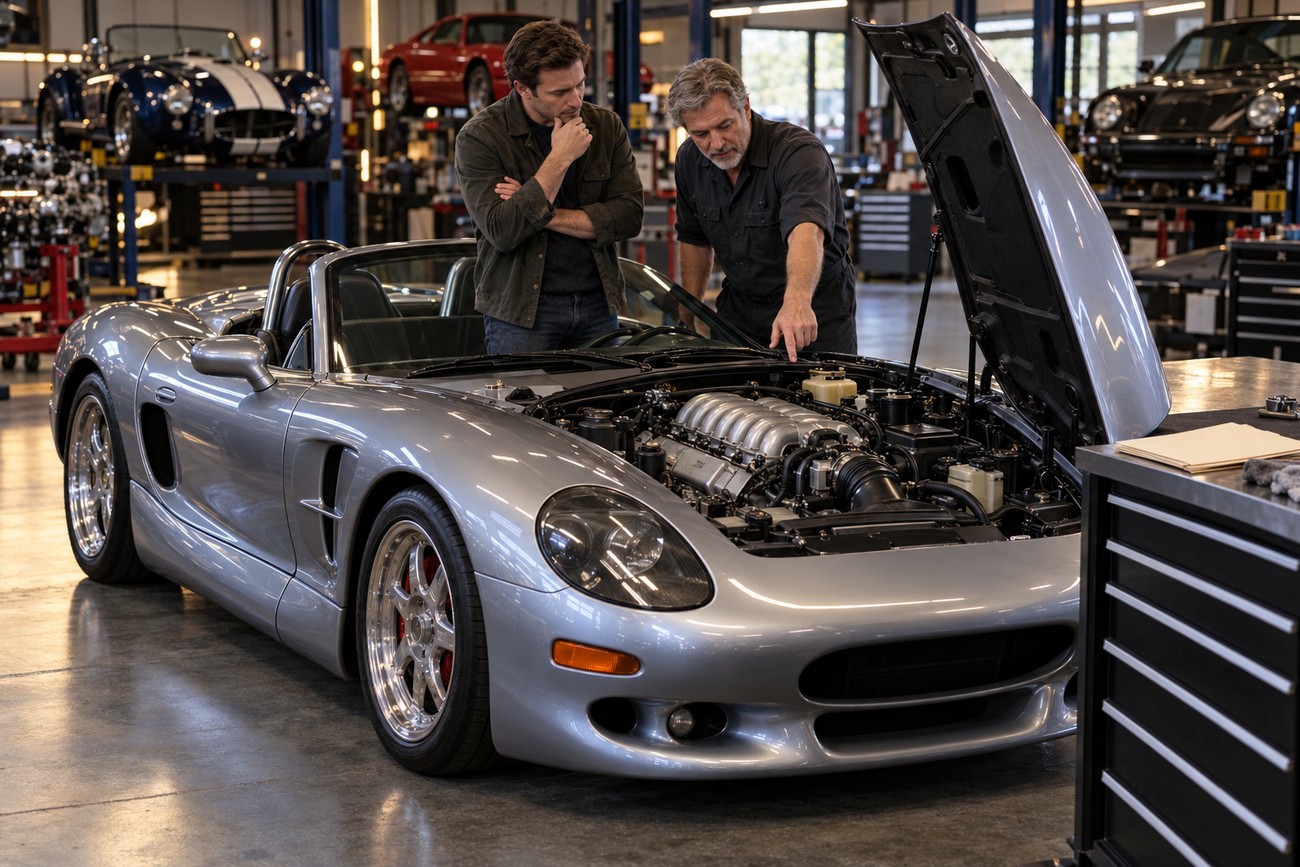 Two mechanics examining the open engine bay of a silver Shelby Series 1 sports car in a garage