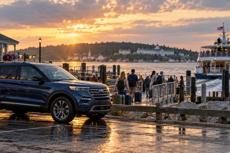 A blue Ford Explorer parked near a wooden pier where tourists with luggage walk toward a ferry at sunset