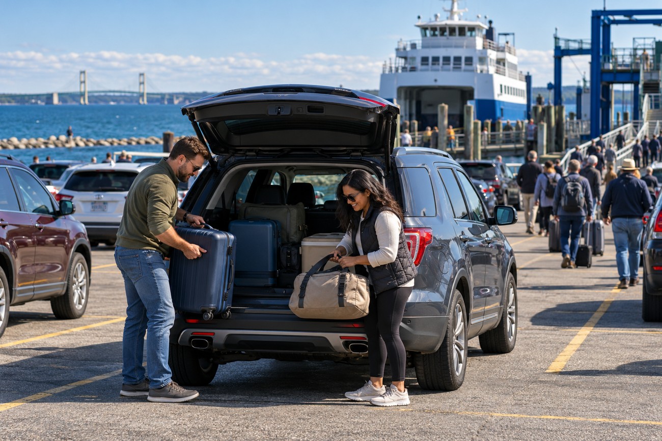 A couple packing luggage and bags into the open trunk of a Ford Explorer at a busy ferry dock with a large ferry in the background