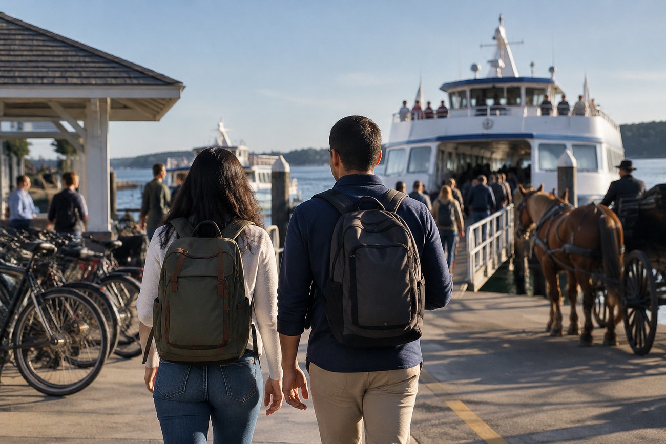 A man and woman with backpacks walking toward a passenger ferry at a scenic harbor dock
