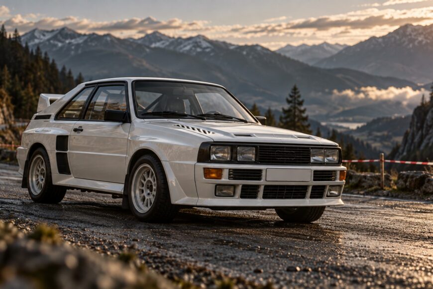 White Audi Sport Quattro parked on a wet mountain road with scenic peaks in the background