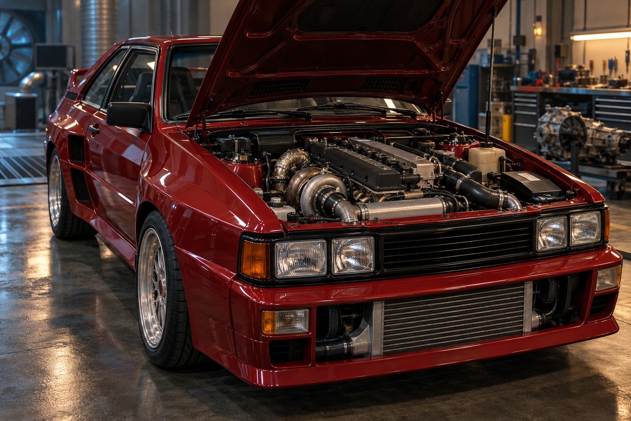 Red Audi Sport Quattro rally car with open hood displaying the turbocharged engine in a garage