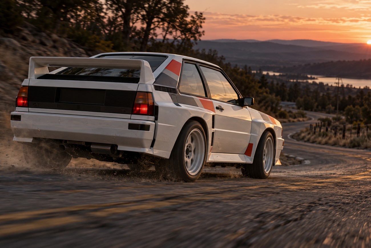 White Audi Sport Quattro rally car driving fast on a winding asphalt road at sunset