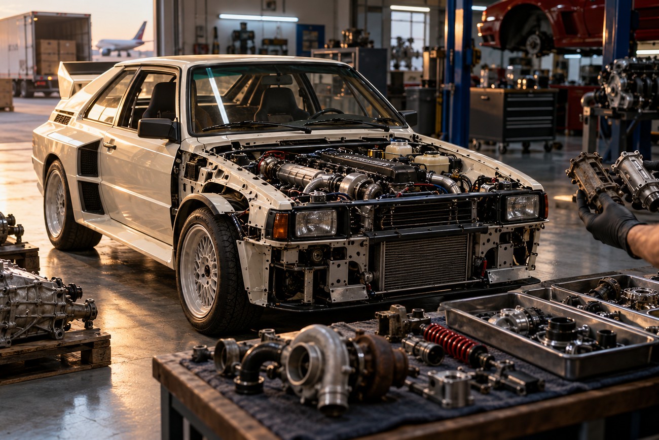 White Audi Sport Quattro rally car parked in a workshop with disassembled parts and tools on a workbench in the foreground