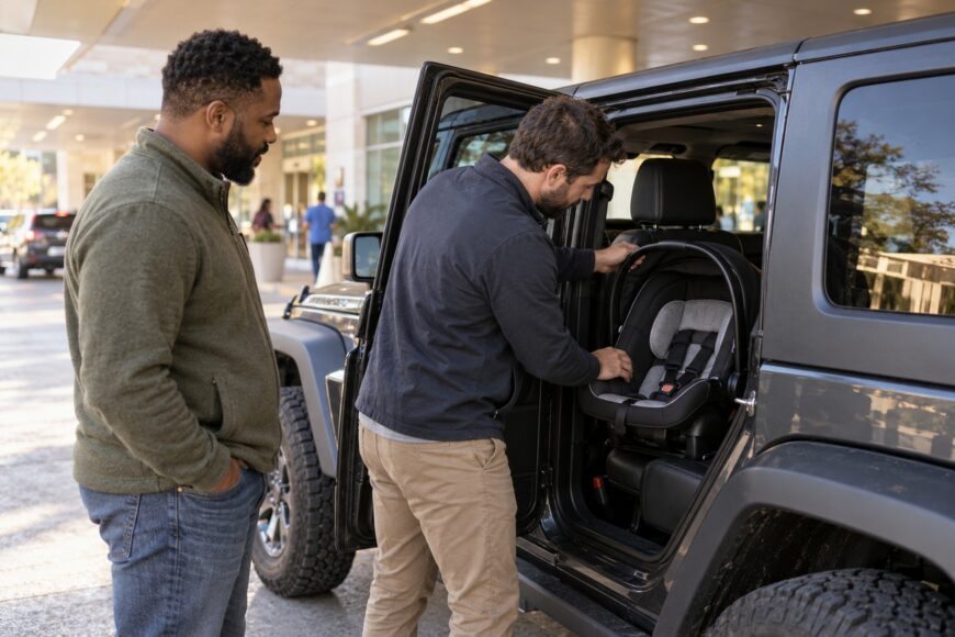 A man installs an infant car seat into the back seat of a Jeep Wrangler while another man watches