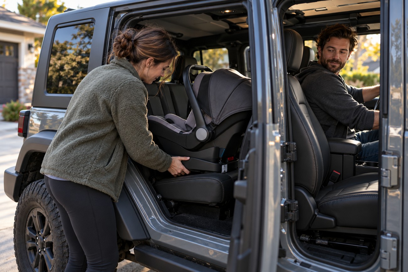 Mother carefully securing an infant car seat in the back of a grey Jeep Wrangler while father looks on from the driver seat