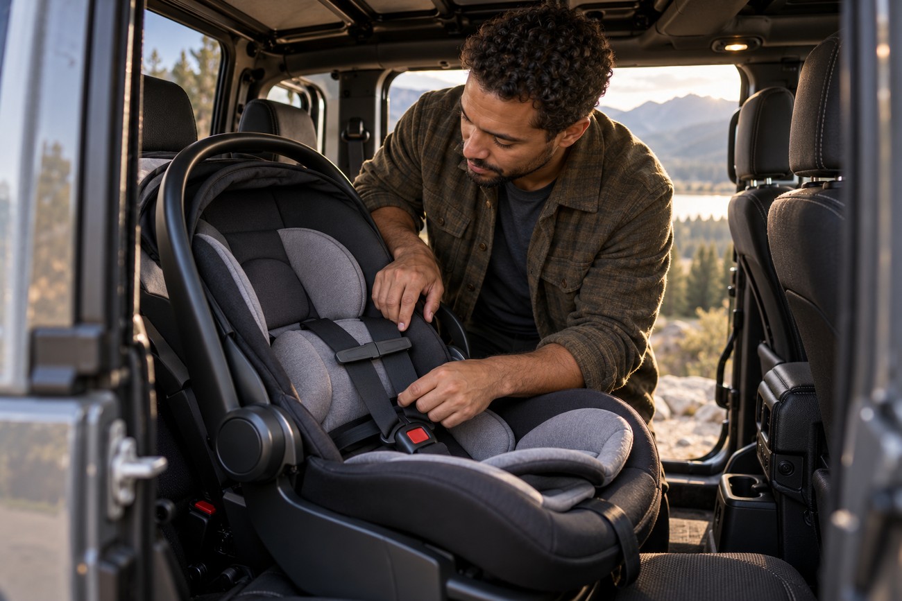A father adjusts the harness of an infant car seat in the back of a Jeep Wrangler