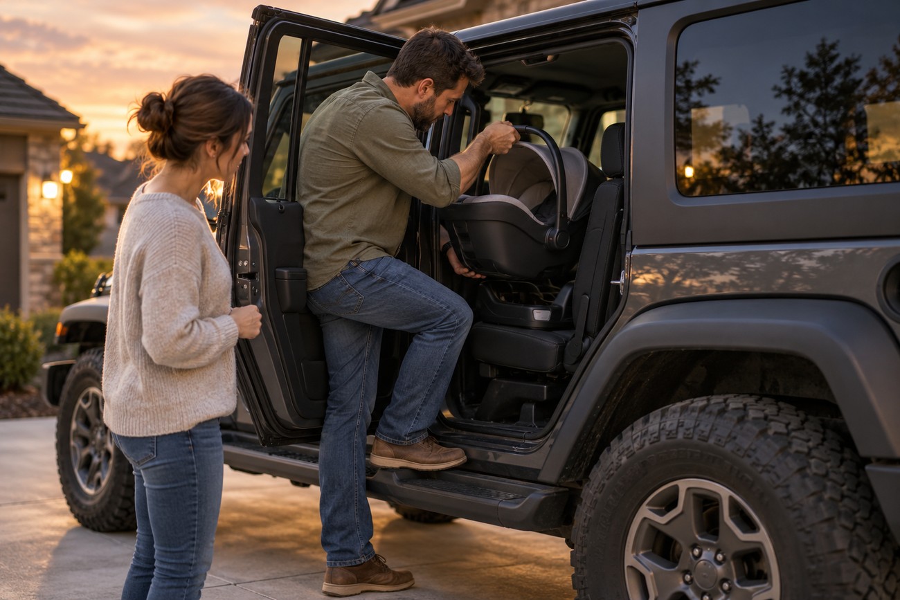 Father placing an infant car seat into the back seat of a Jeep Wrangler parked outside