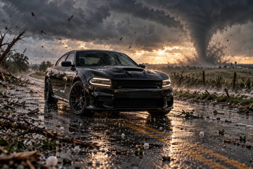 A black Dodge Charger parked on a wet rural road littered with debris while a large tornado looms in the background
