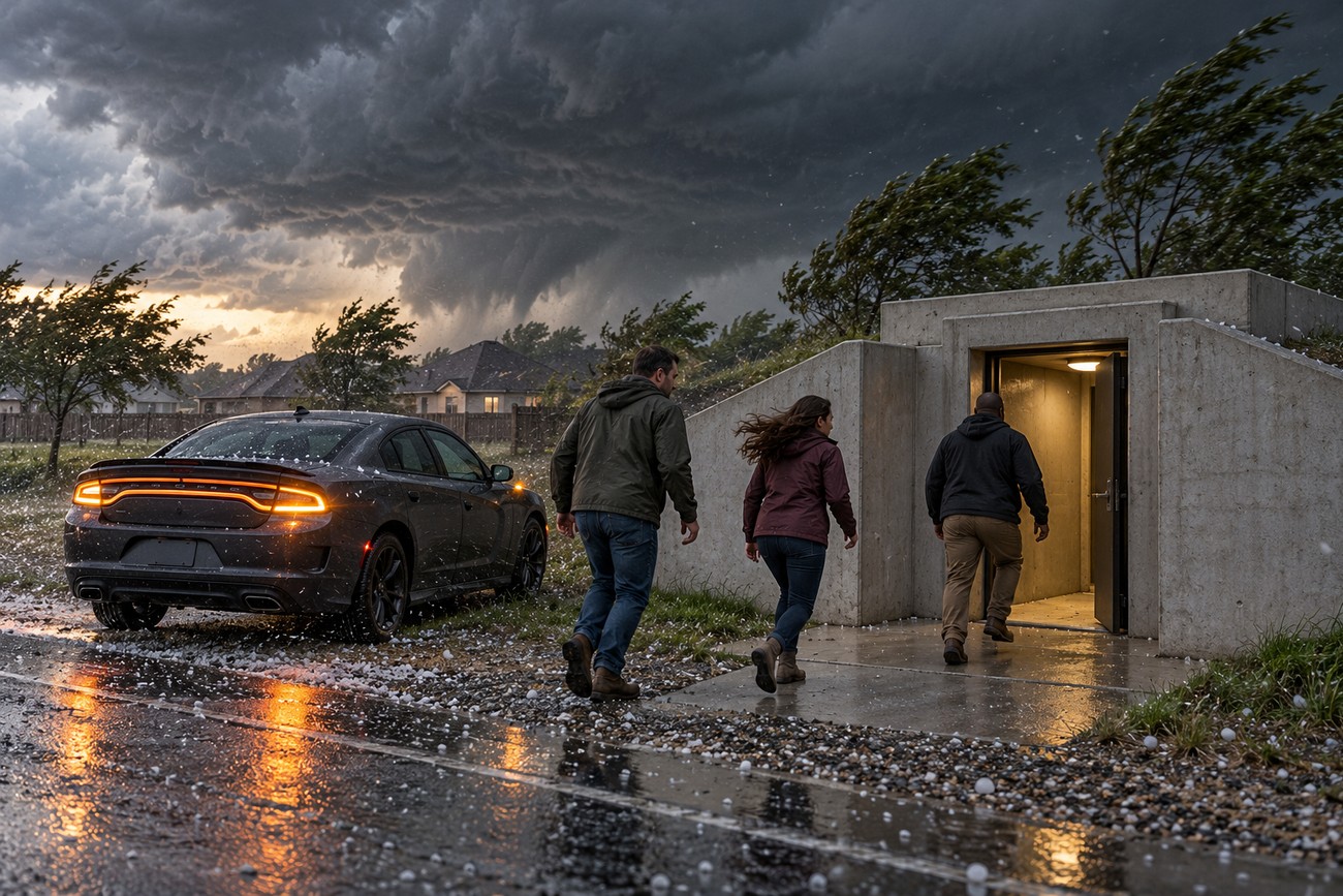 People rushing from a parked Dodge Charger into a concrete storm shelter during a severe tornado storm