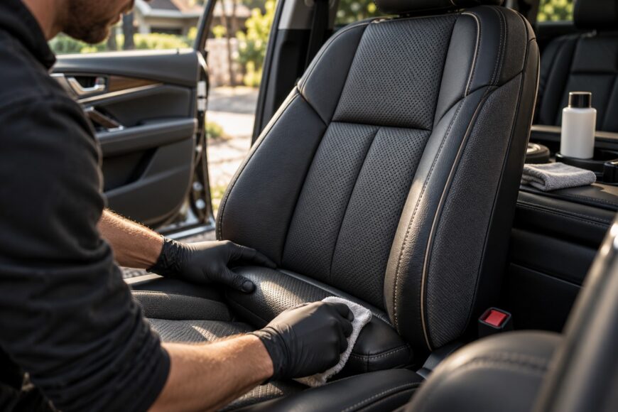 A person wearing black gloves cleans a perforated leather car seat with a microfiber cloth