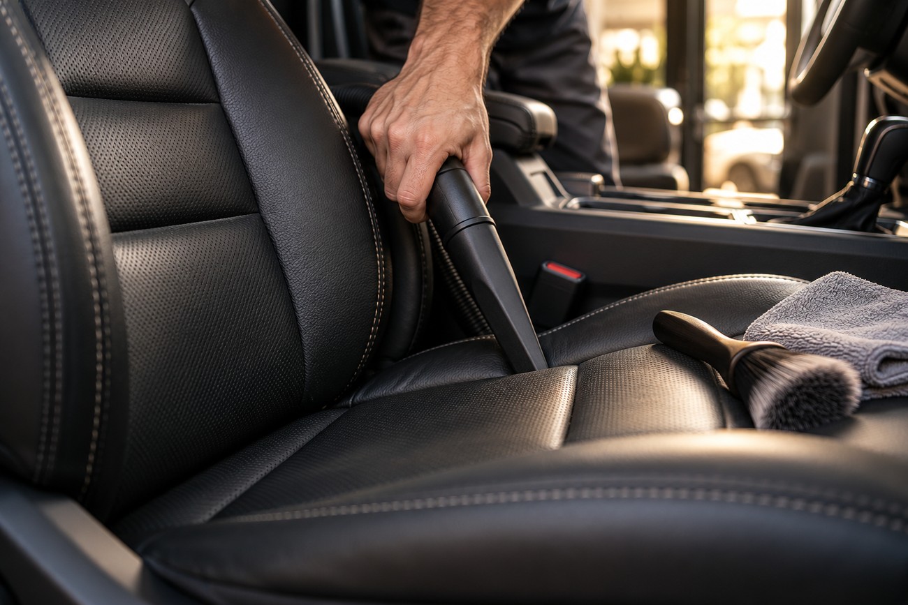 A person vacuuming a black perforated leather car seat with a detailing brush and cloth on the cushion