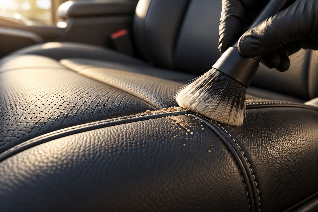 A person in black gloves cleans dust and debris from the seams of a black leather car seat using a soft brush