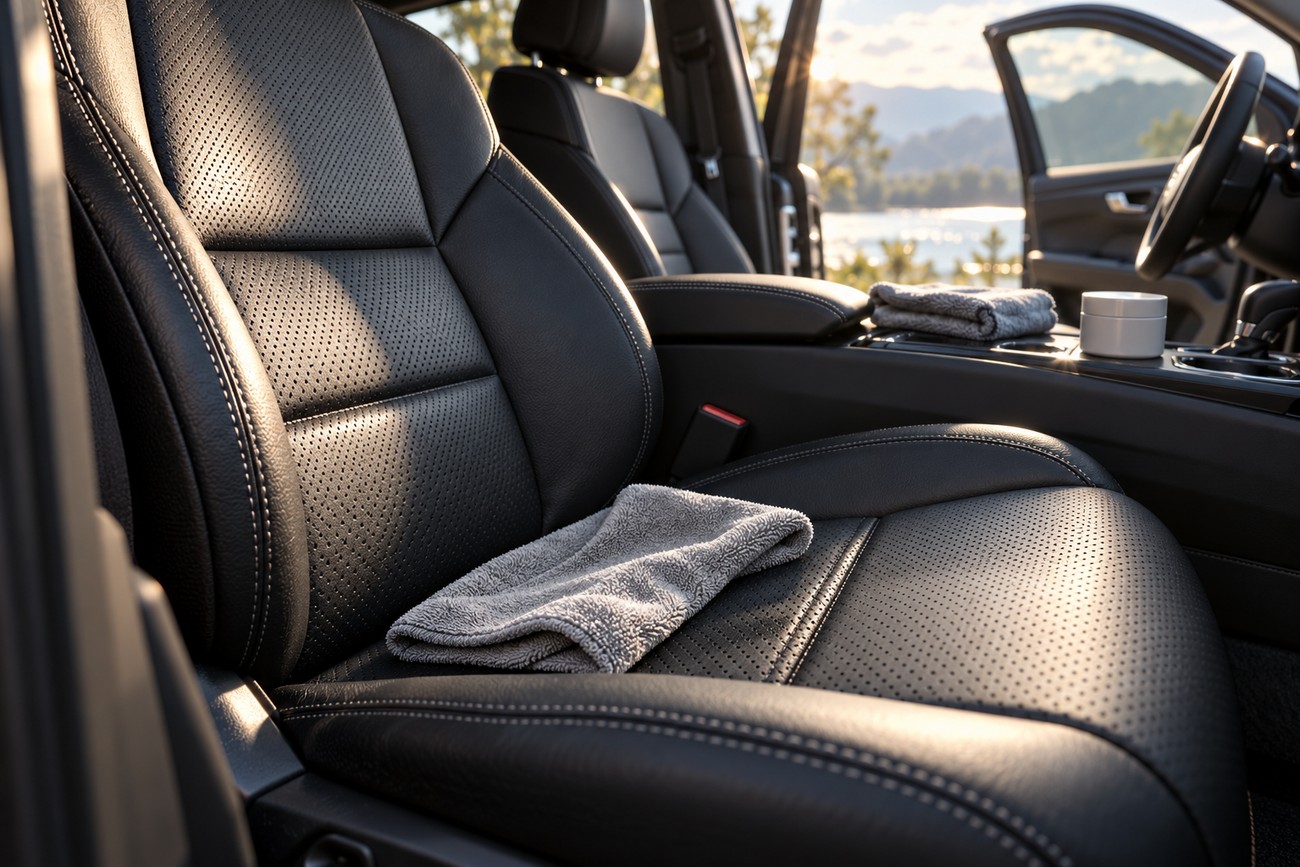 A clean black perforated leather car seat with a folded microfiber towel lying on it inside a vehicle