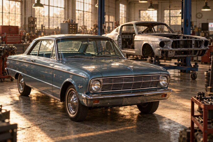 Classic blue Ford Falcon Futura parked inside a garage with a Mustang body frame on a lift in the background