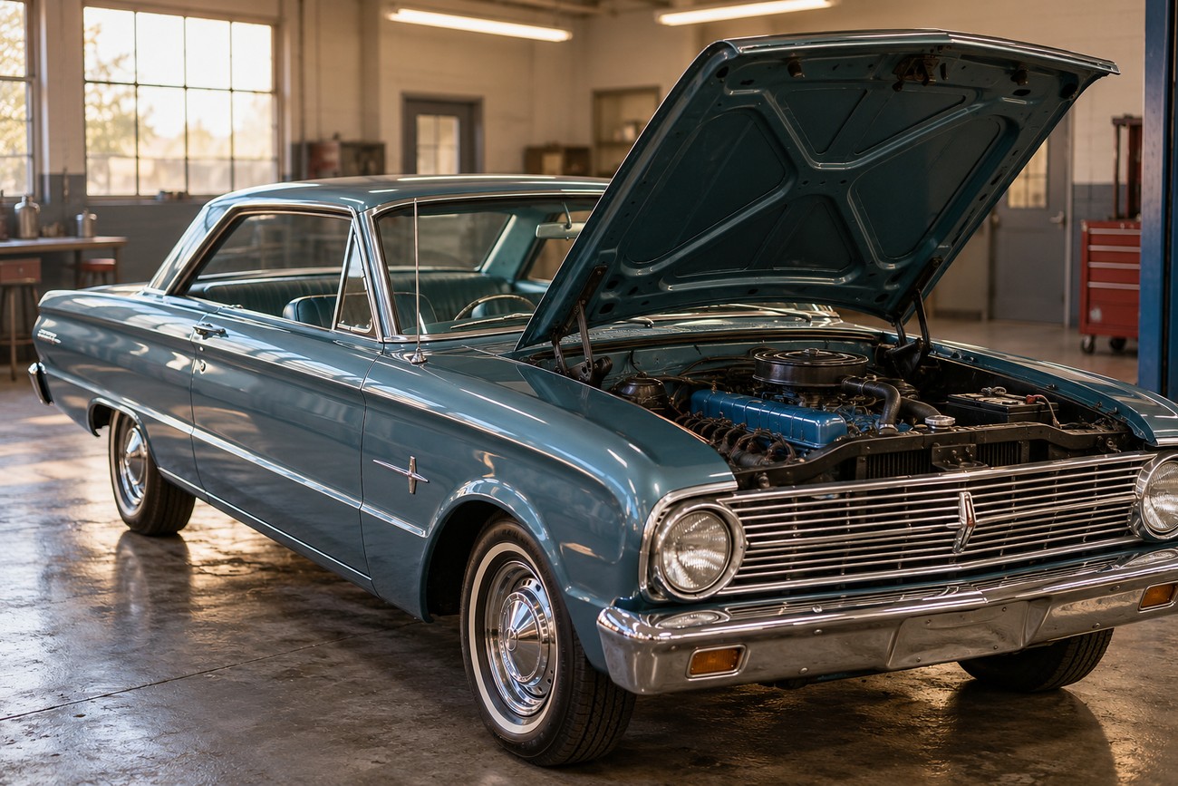 Classic blue Ford Falcon Futura parked in a garage with its hood open showcasing the engine