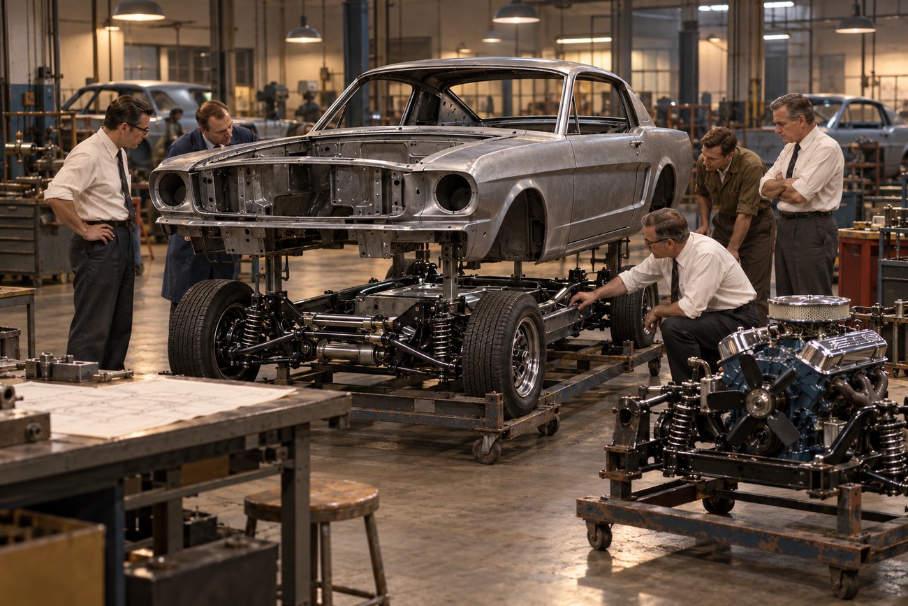 Engineers and designers gathered around a car chassis and prototype body in an automotive factory workshop