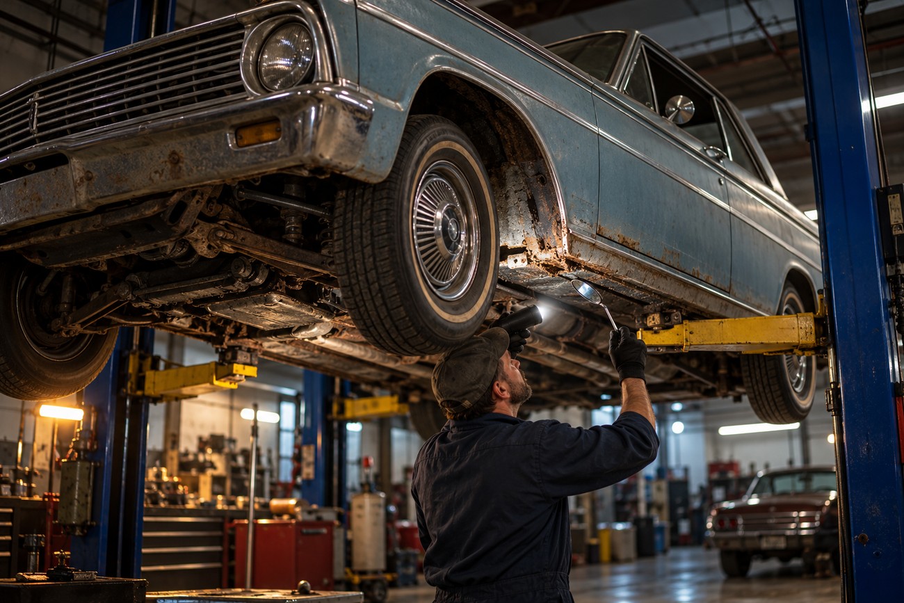 Mechanic using a flashlight to inspect the rusty undercarriage of a classic Ford Falcon Futura lifted in a workshop
