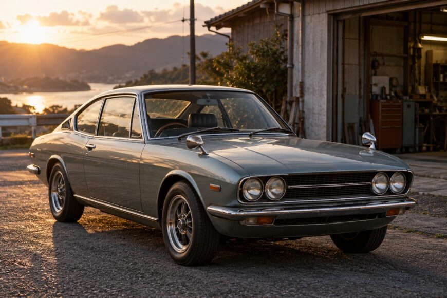Classic silver Isuzu 117 Coupe parked outside a garage during sunset with scenic mountains and water in the background
