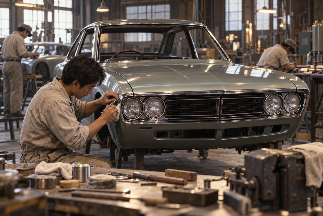 Japanese craftsman meticulously polishing the front bodywork of a classic Isuzu 117 Coupe inside a vintage workshop