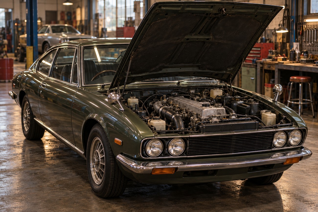 A classic dark green Isuzu 117 Coupe with its hood open showcasing the engine inside a vintage repair garage