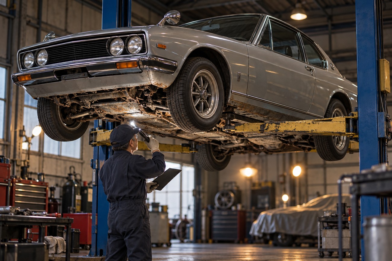 A mechanic in coveralls inspects the undercarriage of a silver Isuzu 117 Coupe lifted on a hoist in a workshop