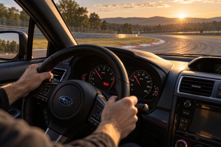Driver hands on the steering wheel of a Subaru WRX interior with the red low oil pressure warning light illuminated on the dashboard during a track session at sunset