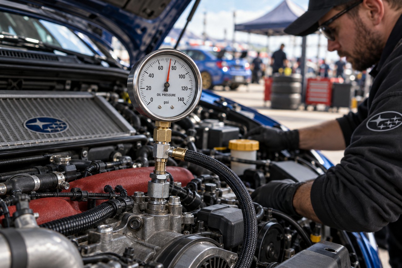 Mechanic in gloves testing oil pressure with a gauge connected to a Subaru WRX engine bay at a track