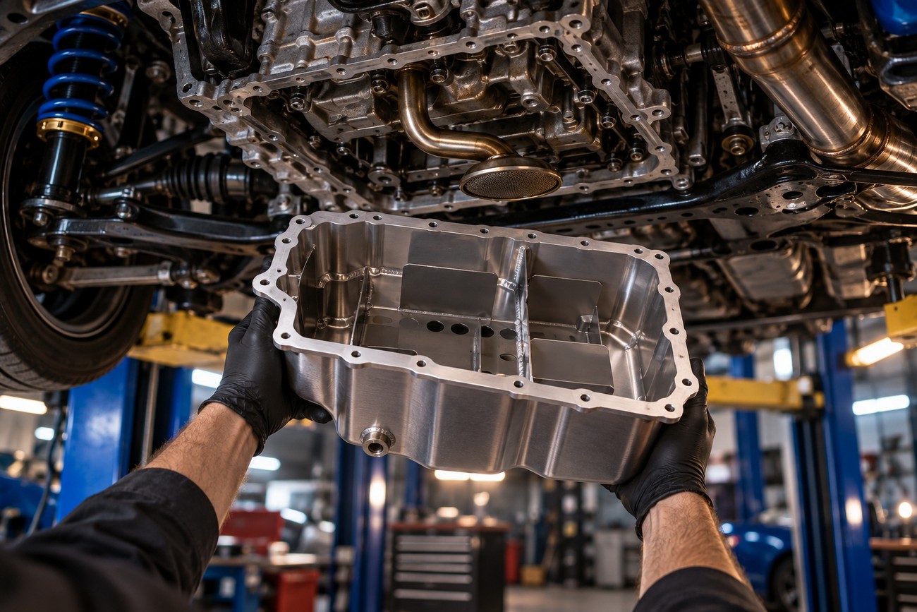 Mechanic wearing black gloves holding an aftermarket baffled oil pan underneath a lifted Subaru WRX engine in a repair shop