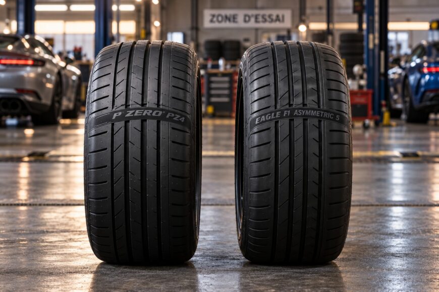 Two high performance car tires Pirelli P Zero and Goodyear Eagle F1 standing side by side in an auto repair workshop