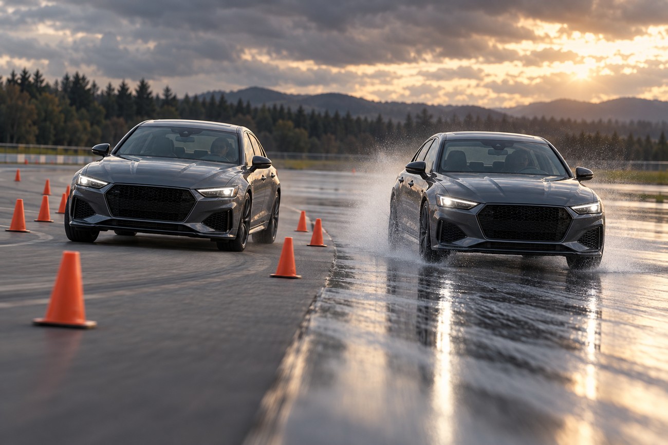 Two grey performance sedans driving through water splashes on a wet handling test track surrounded by orange cones