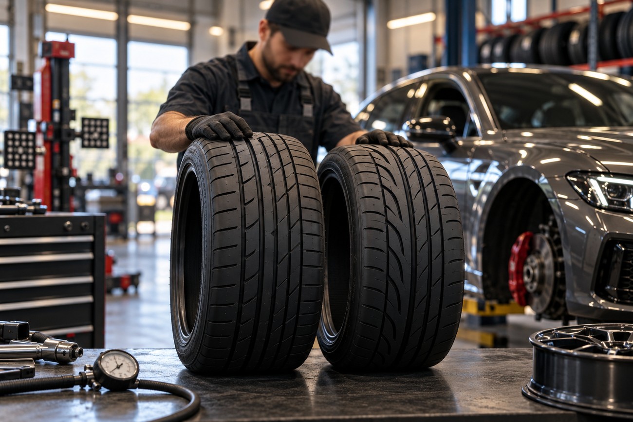 A professional mechanic in a workshop comparing two high-performance tires standing on a workbench