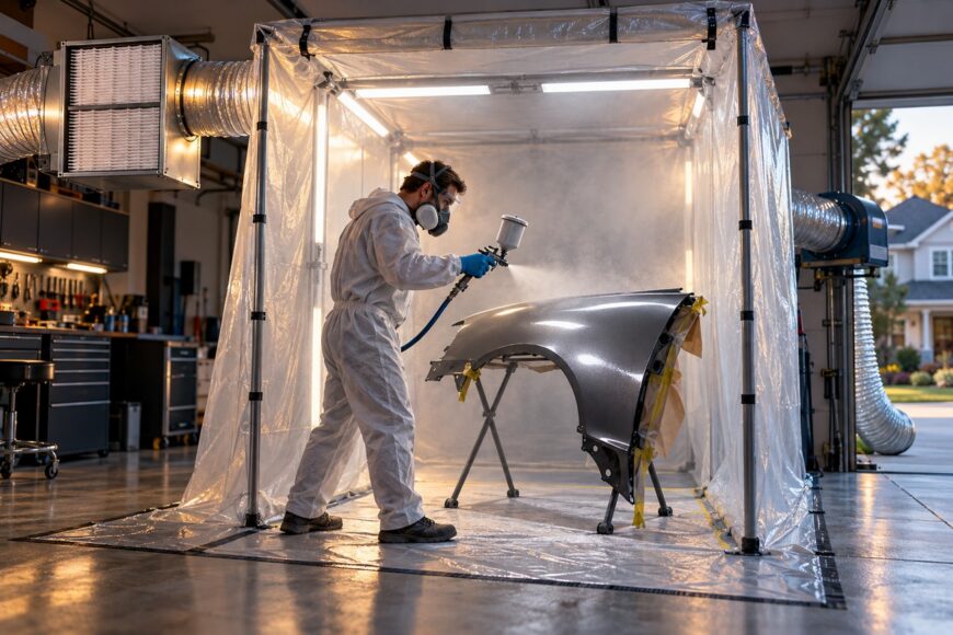 A person in a protective suit and respirator sprays a car fender with a paint gun inside a plastic DIY paint booth in a garage