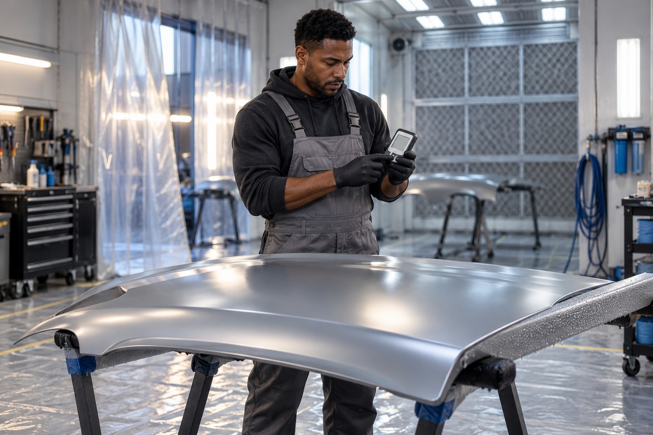 A mechanic wearing gloves and overalls measures the paint thickness on a silver car hood in a workshop