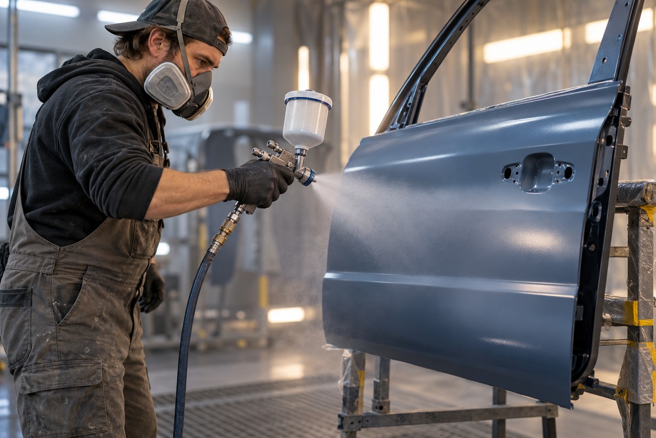A technician wearing a respirator and safety gear applies base coat paint to a car door with a spray gun