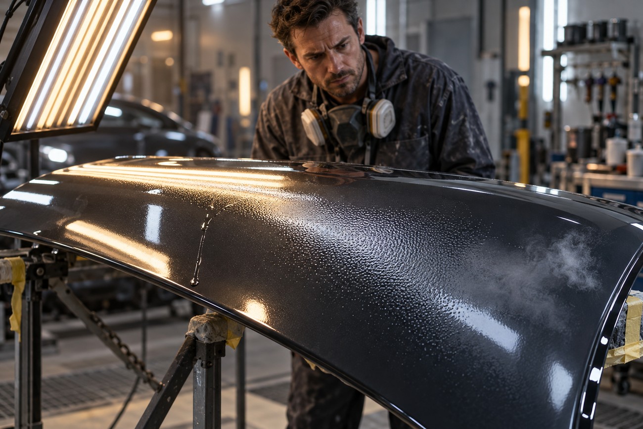 A mechanic wearing a respirator examining the glossy painted surface of a car hood in a workshop