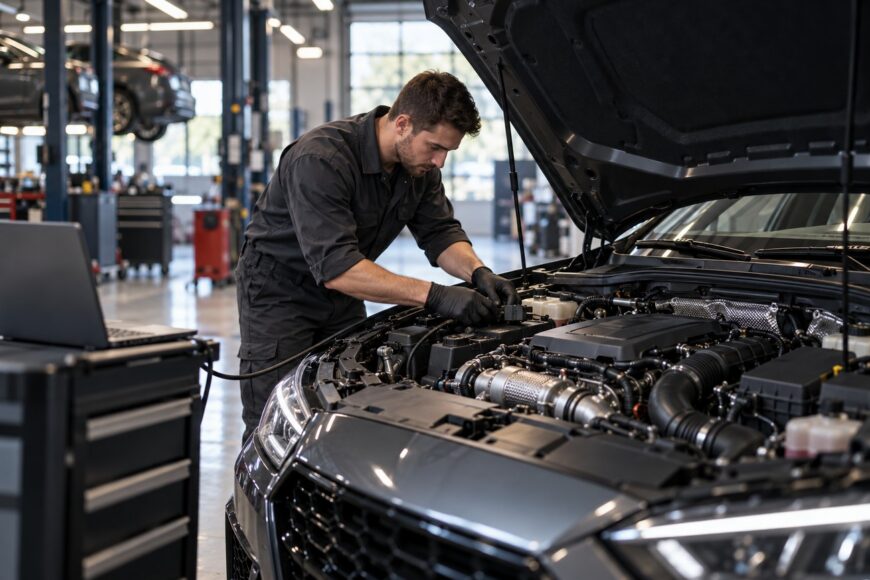 Mechanic in dark overalls connecting diagnostic equipment to the engine bay of a modern car in a workshop