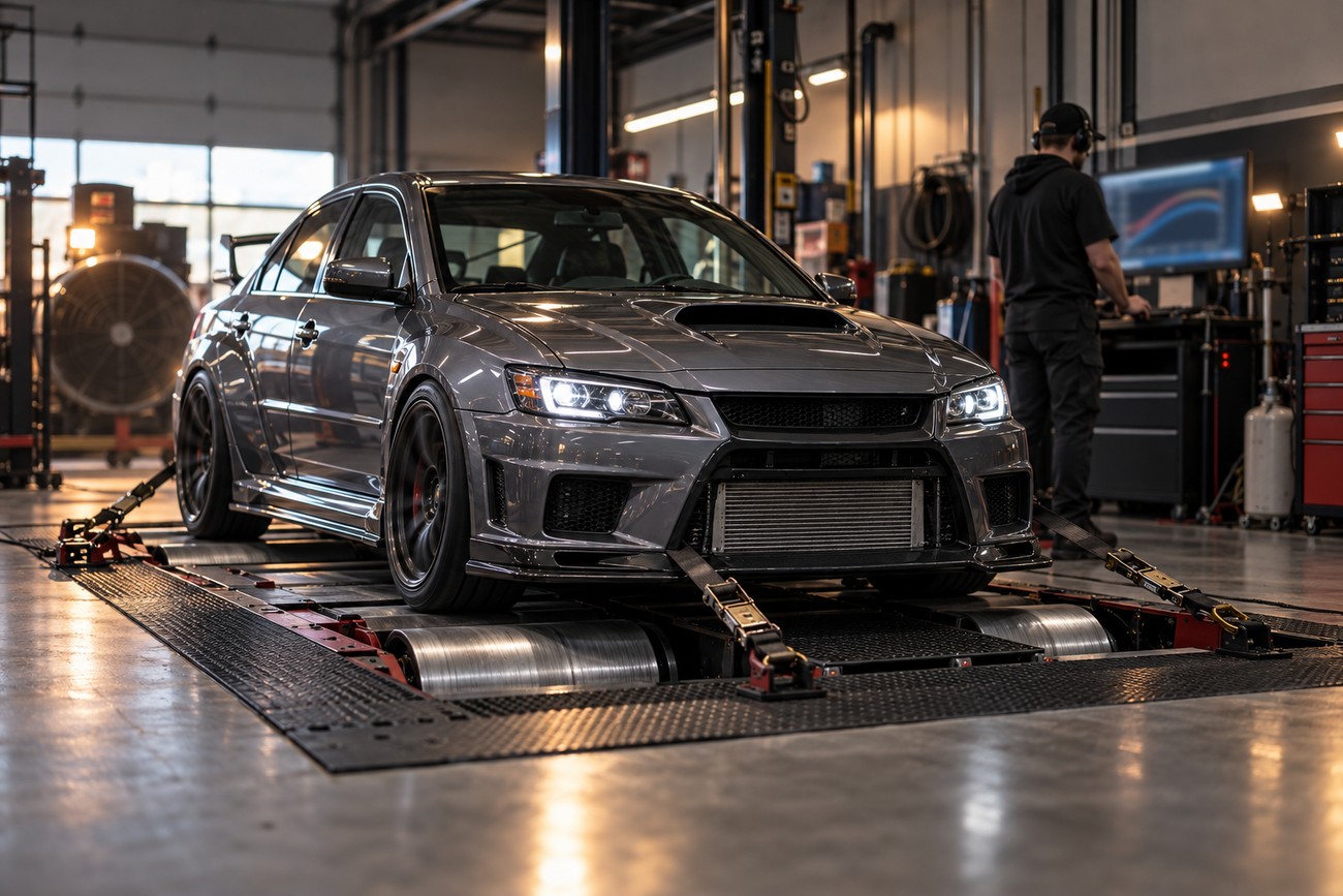 A tuned gray sports sedan secured with straps on a dynamometer in a modern garage with a technician at the computer