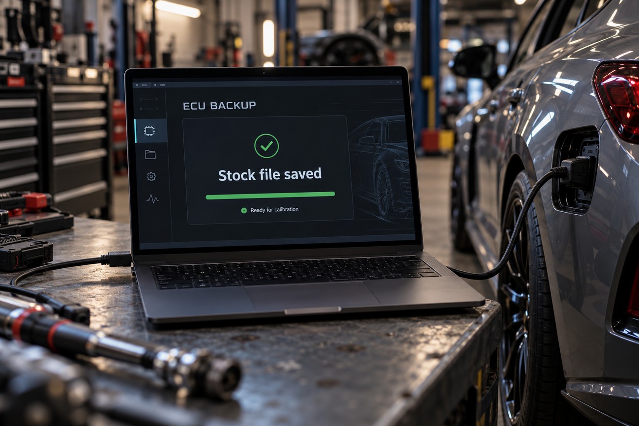 A laptop displaying an ECU backup and stock file saved message on a workbench in a tuning garage next to a car