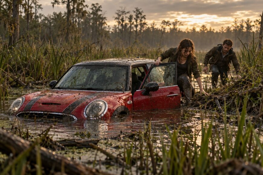 A red Mini Cooper S sinking in a deep swamp as a woman gets out of the driver door and a man wades through the muddy water nearby