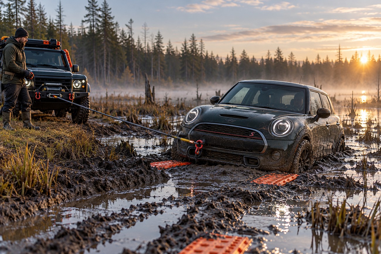A green Mini Cooper S stuck deep in a swampy mud pit while a rescue worker uses a winch rope to pull it out