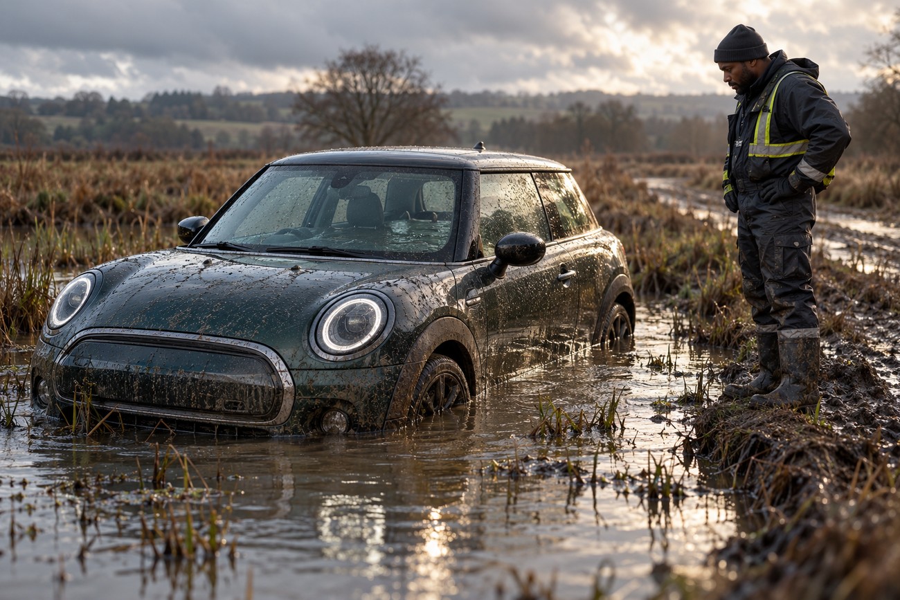 A man in workwear standing on muddy ground and looking at a dark green Mini Cooper sinking in a swamp