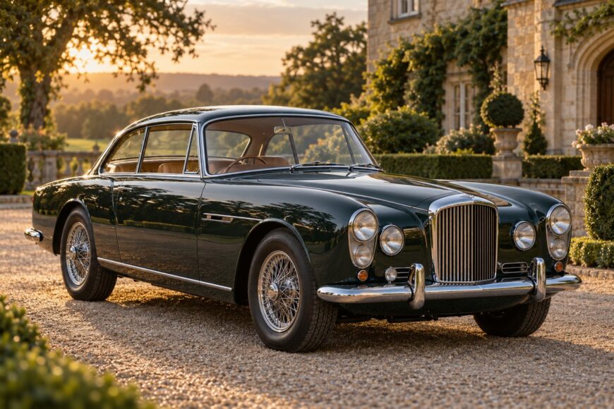 Dark green vintage Alvis TE21 grand tourer parked on a gravel driveway before a classic stone mansion at sunset