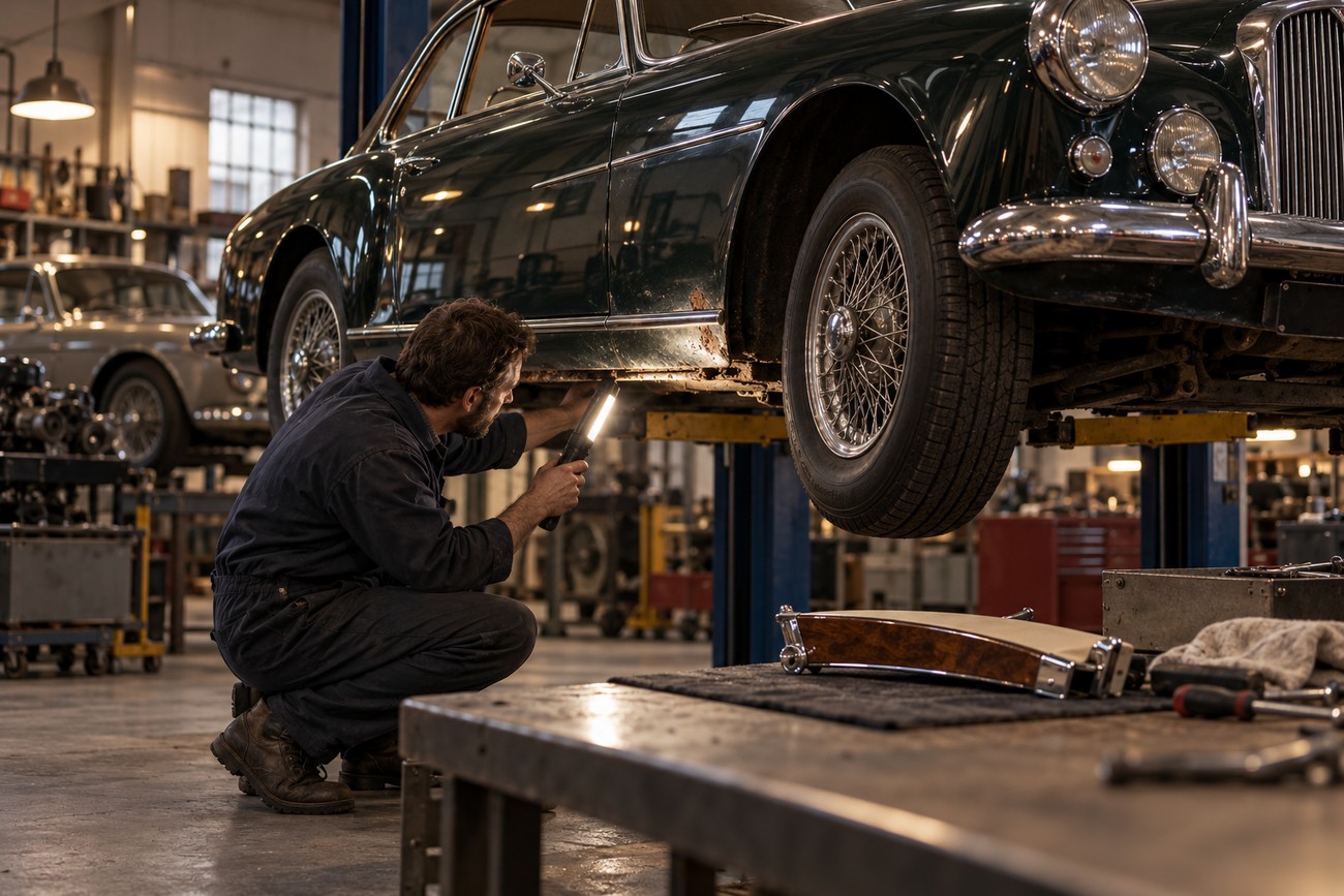 A mechanic in overalls inspecting the undercarriage of a classic dark green Alvis TE21 car with a flashlight in a garage