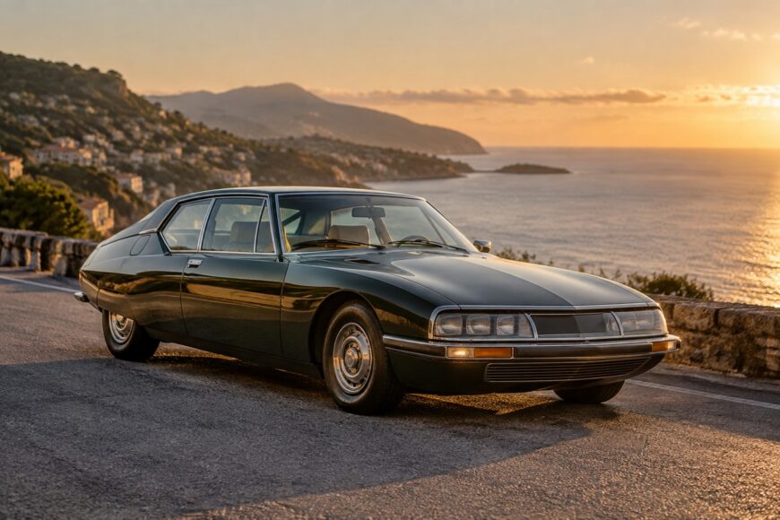 Classic dark green Citroen SM grand tourer parked on a scenic coastal road during sunset