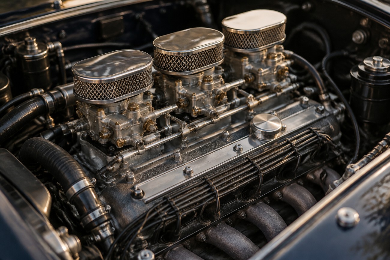 Detailed close-up view of the classic Citroen SM Maserati V6 engine featuring triple carburetors and polished metal components under the hood