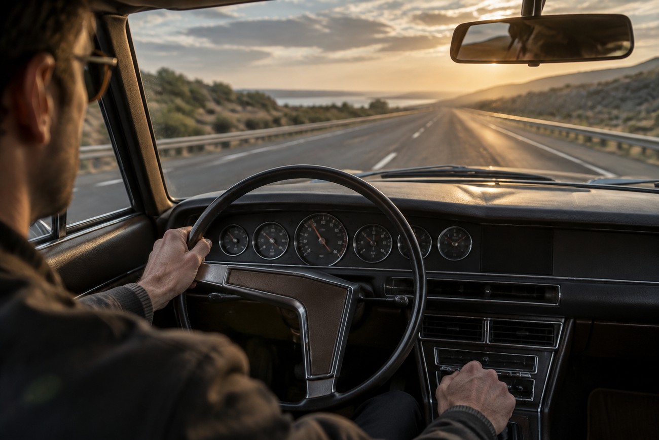 Driver holding the single-spoke steering wheel inside the classic interior of a Citroen SM on a highway at sunset