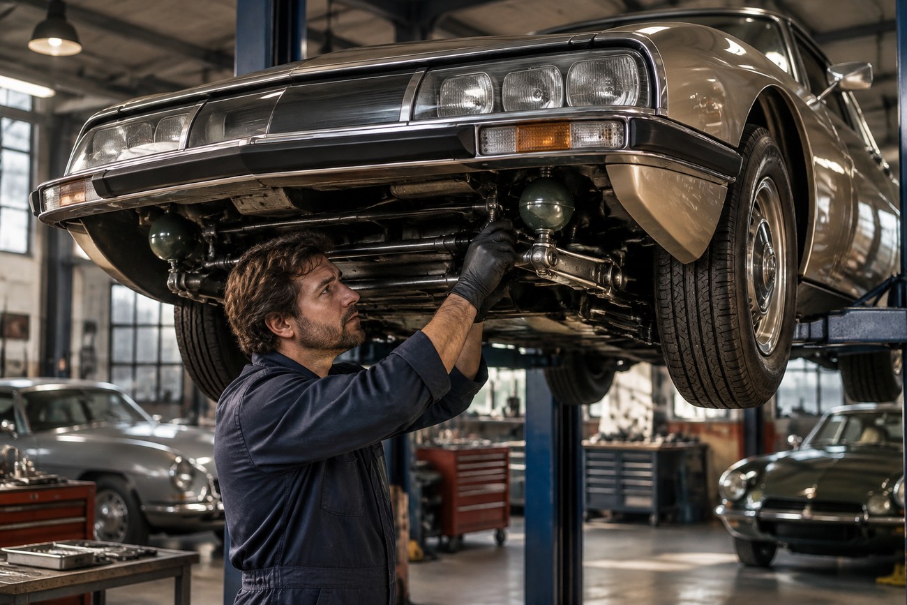 A mechanic in overalls repairing the hydropneumatic suspension of a classic Citroen SM lifted in a vintage garage