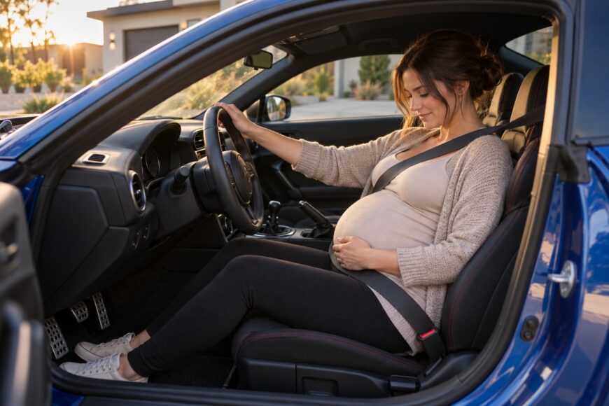 Pregnant woman in a beige cardigan sitting in the driver seat of a blue Subaru BRZ holding her bump with the seatbelt correctly positioned
