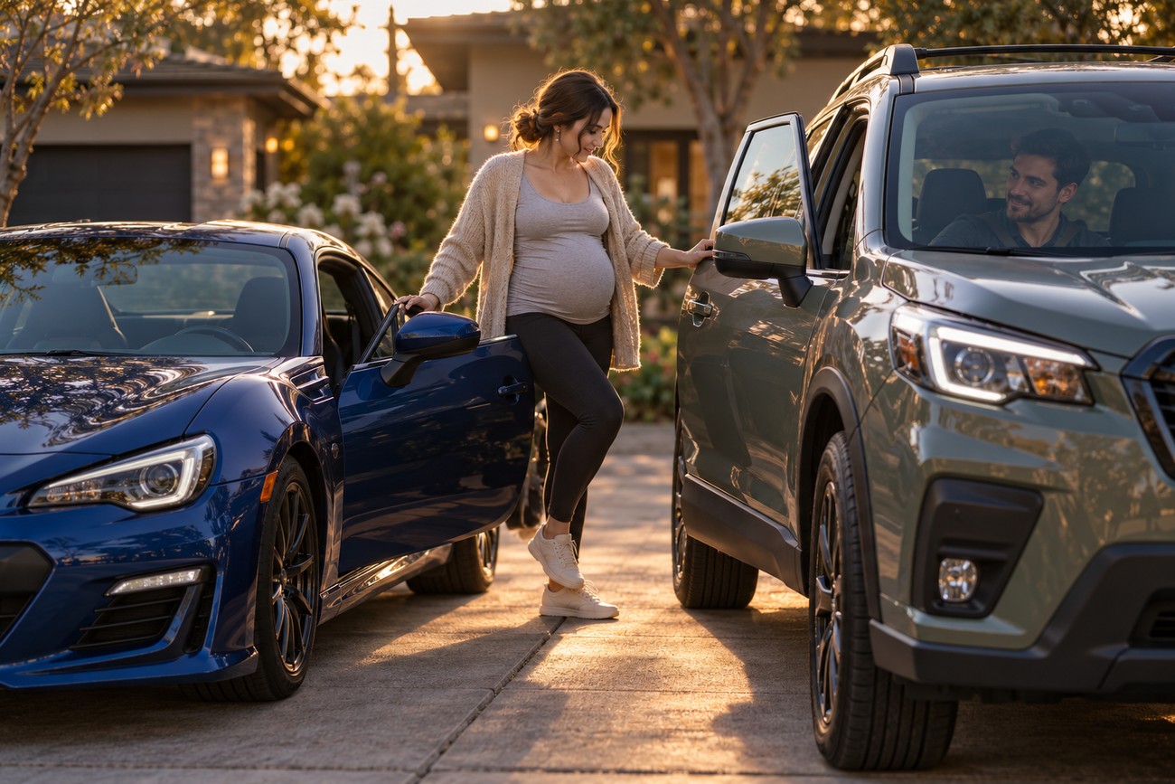 A pregnant woman in a cardigan standing between a blue Subaru BRZ and a crossover SUV in a residential driveway